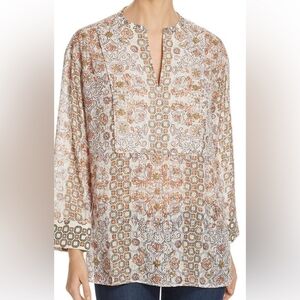 Tory Burch Adrian Metallic Hicks Garden Long Sleeve Silk Blend Tunic Size LG